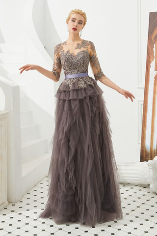 Vestido de fiesta de noche con media manga y encaje floral, largo hasta el suelo y piel