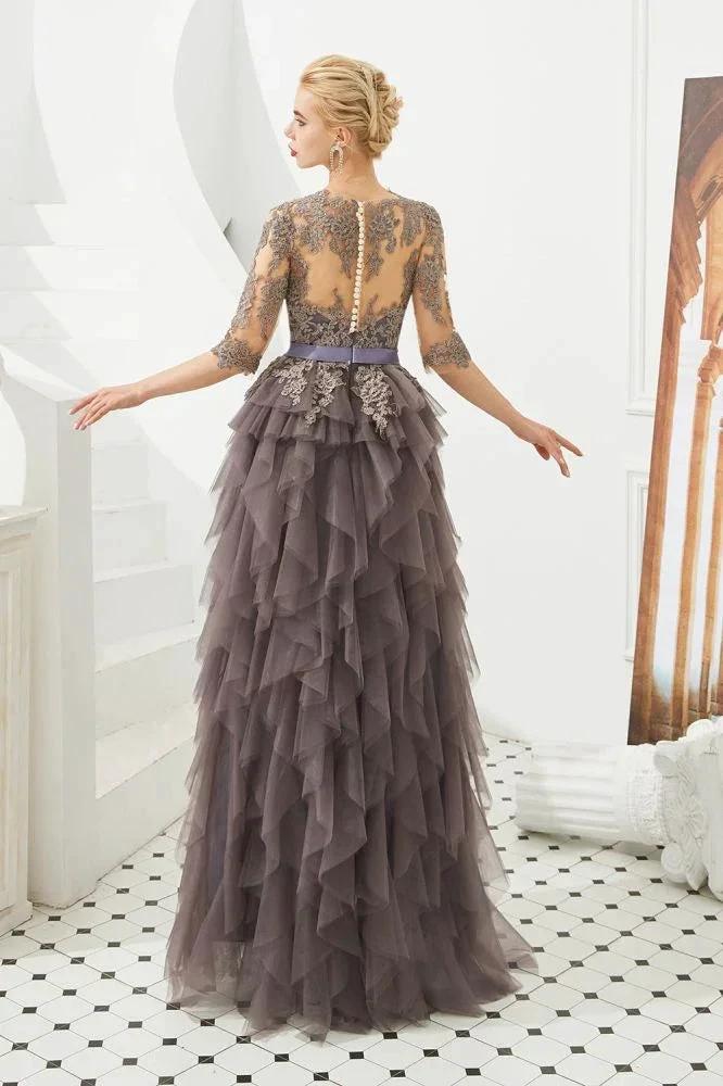 Half Sleeves Floral lace Prom Dress Fur Floor Length Evening Party Dress by misshow.com