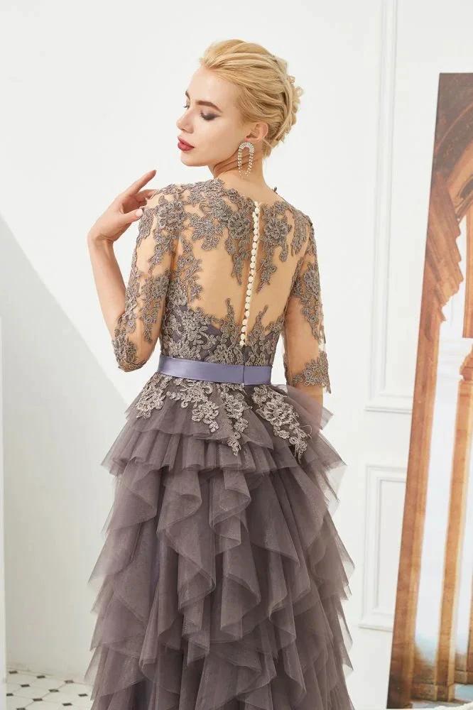 Half Sleeves Floral lace Prom Dress Fur Floor Length Evening Party Dress by misshow.com