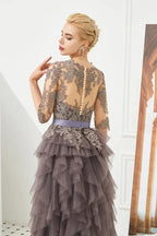Half Sleeves Floral lace Prom Dress Fur Floor Length Evening Party Dress by misshow.com