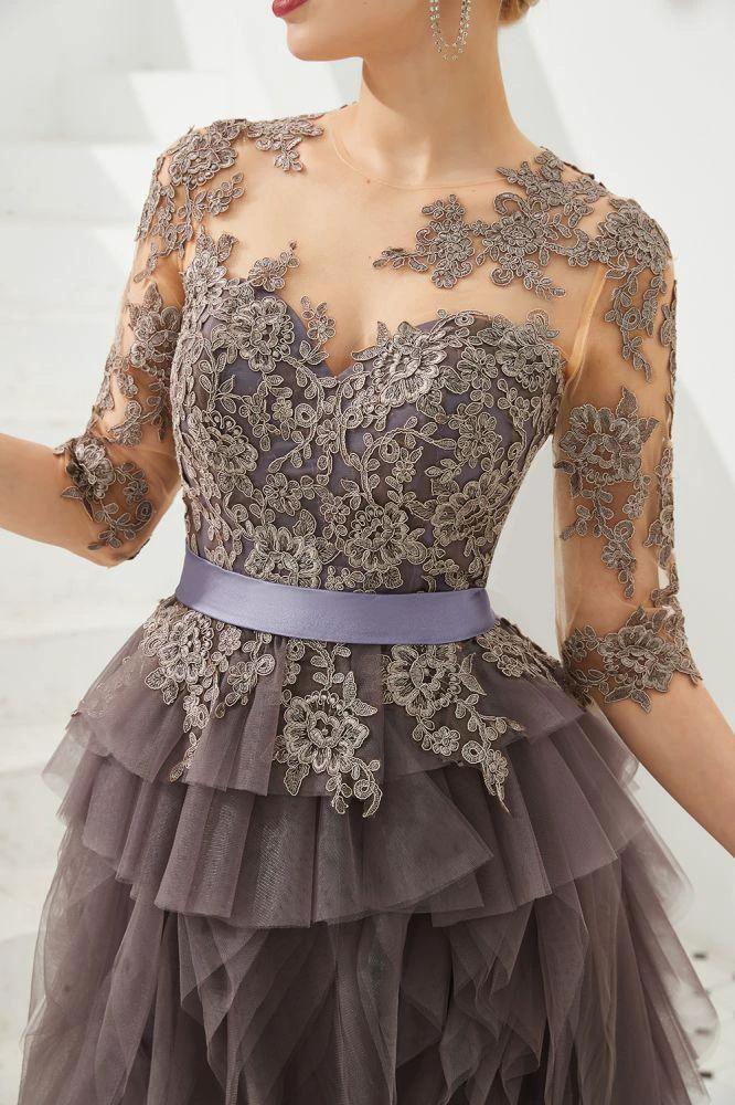 Half Sleeves Floral lace Prom Dress Fur Floor Length Evening Party Dress by misshow.com