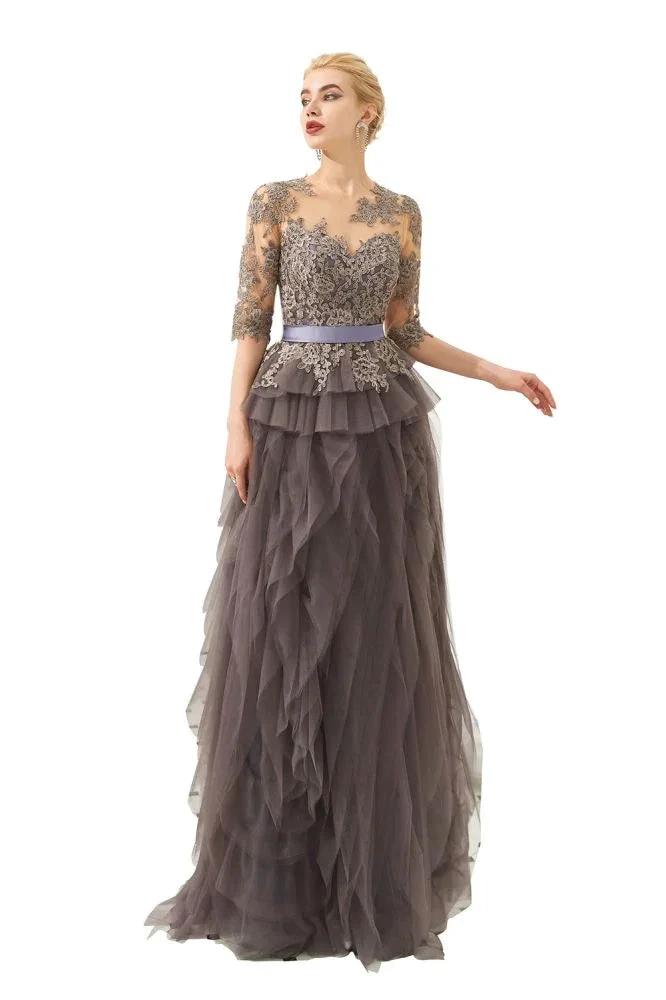 Half Sleeves Floral lace Prom Dress Fur Floor Length Evening Party Dress by misshow.com