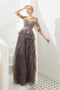 Half Sleeves Floral lace Prom Dress Fur Floor Length Evening Party Dress by misshow.com