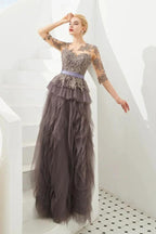Half Sleeves Floral lace Prom Dress Fur Floor Length Evening Party Dress by misshow.com