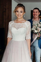 Half Sleeves Pink Backless Lace Up Floor Length Wedding Dress WD367 by pgmdress