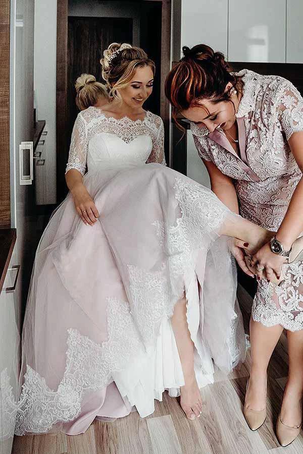 Half Sleeves Pink Backless Lace Up Floor Length Wedding Dress WD367 by pgmdress