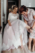Half Sleeves Pink Backless Lace Up Floor Length Wedding Dress WD367 by pgmdress