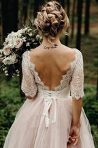 Half Sleeves Pink Backless Lace Up Floor Length Wedding Dress WD367 by pgmdress