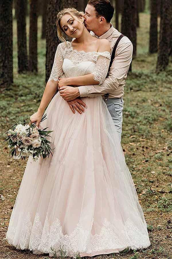 Half Sleeves Pink Backless Lace Up Floor Length Wedding Dress WD367 by pgmdress