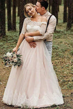 Half Sleeves Pink Backless Lace Up Floor Length Wedding Dress WD367 by pgmdress
