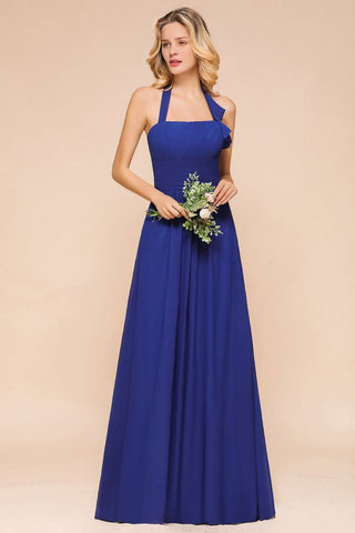 Vestido de fiesta de boda de gasa con cuello halter y corte A para dama de honor
