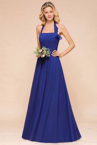 Vestido de fiesta de boda de gasa con cuello halter y corte A para dama de honor