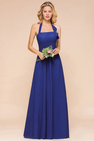 Vestido de fiesta de boda de gasa con cuello halter y corte A para dama de honor