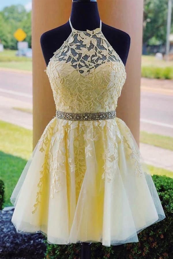 Halter Appliqued Yellow Homecoming Dress Short Prom Dress with Beading Belt PD323 by pgmdress