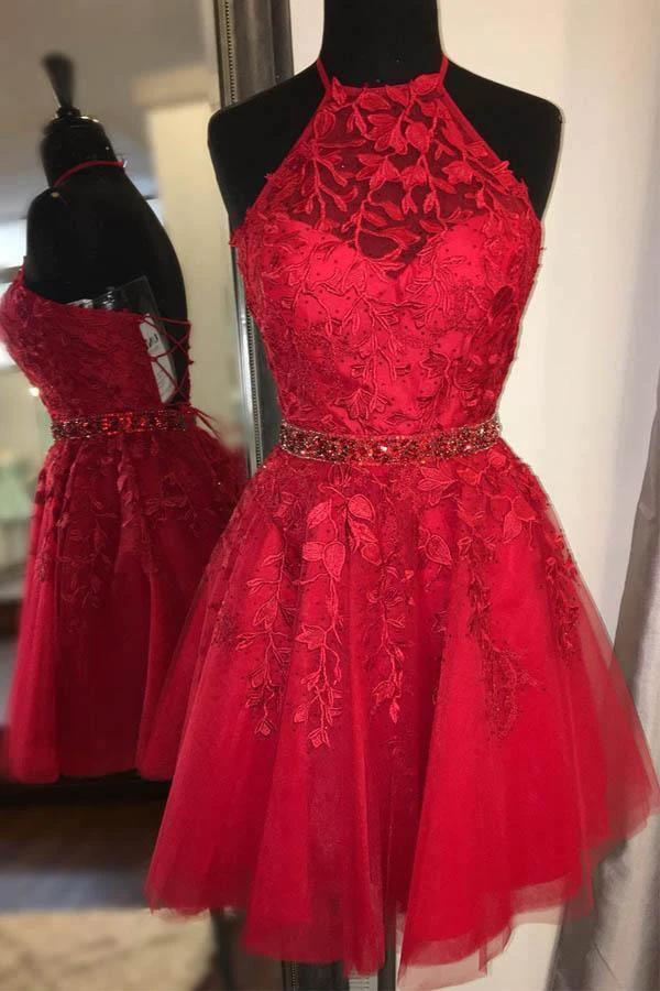 Halter Appliqued Yellow Homecoming Dress Short Prom Dress with Beading Belt PD323 by pgmdress