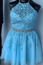 Halter Appliqued Yellow Homecoming Dress Short Prom Dress with Beading Belt PD323 by pgmdress