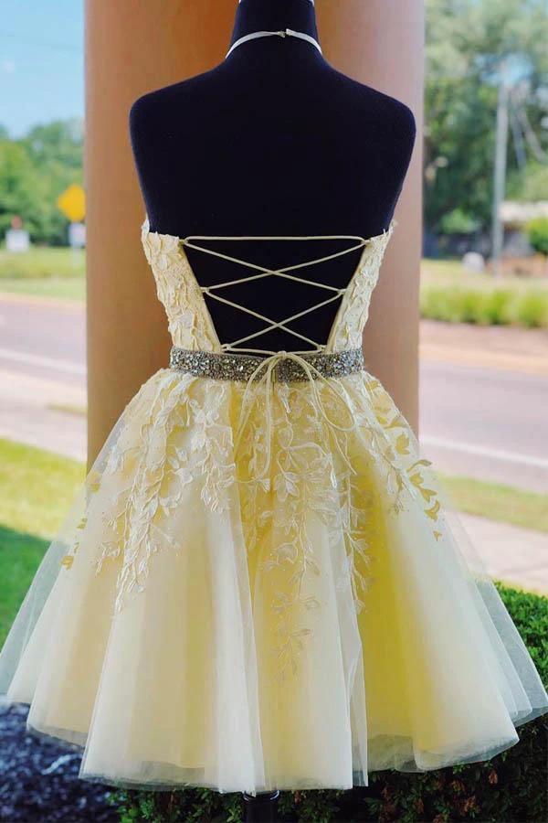Halter Appliqued Yellow Homecoming Dress Short Prom Dress with Beading Belt PD323 by pgmdress