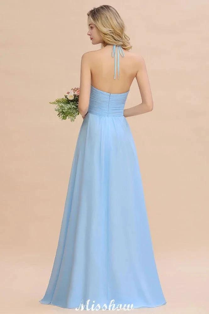 Vestido de Dama de Honra de Praia Sem Costas Halter em Chiffon para Jardim de Casamento