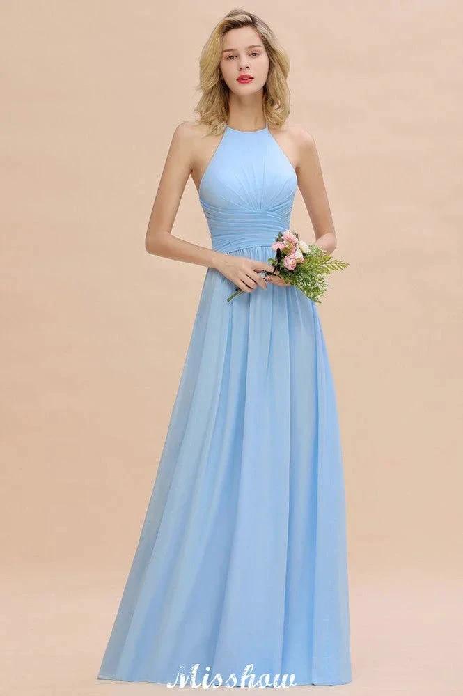 Vestido de Dama de Honra de Praia Sem Costas Halter em Chiffon para Jardim de Casamento