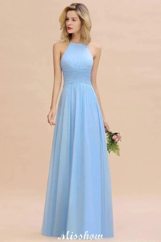 Vestido de Dama de Honra de Praia Sem Costas Halter em Chiffon para Jardim de Casamento