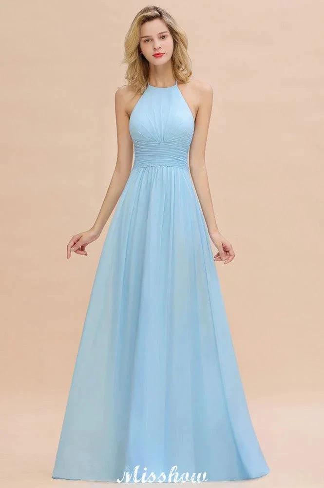 Vestido de Dama de Honra de Praia Sem Costas Halter em Chiffon para Jardim de Casamento