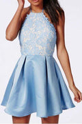 Halter Backless Lace Satin Blue Homecoming Dresses Short Prom Dress PD270 by pgmdress