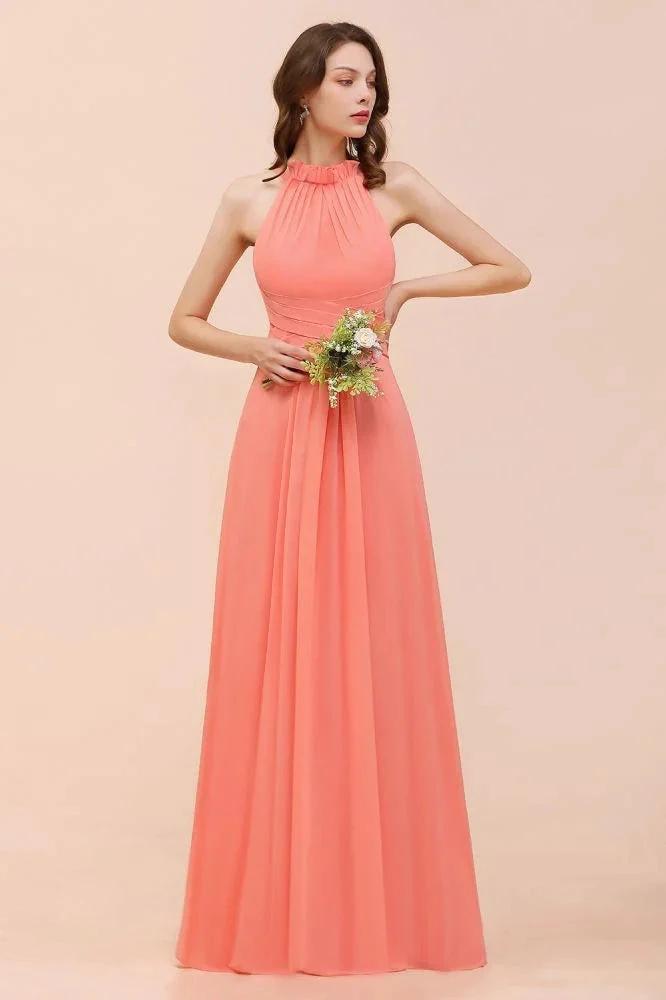 halter Beach Bridesmaid Dress Girls Coral Floor Length Wedding Party Dress by misshow.com