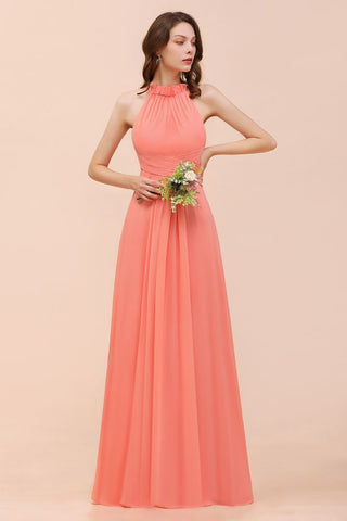 Vestido de dama de honor de playa con cuello halter, para niñas, color coral, largo hasta el suelo, para fiesta de boda