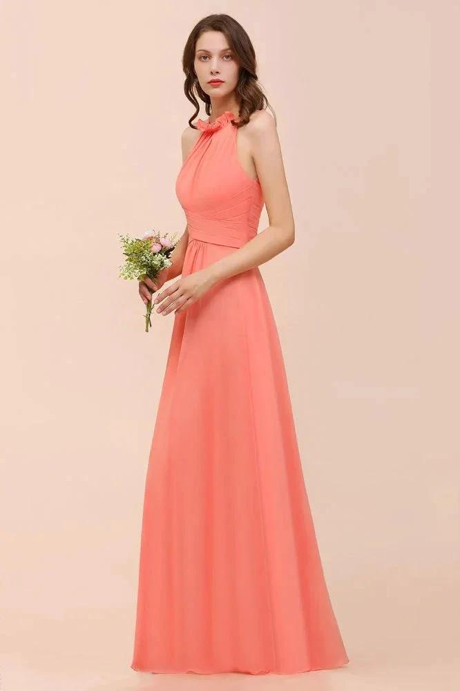 halter Beach Bridesmaid Dress Girls Coral Floor Length Wedding Party Dress by misshow.com