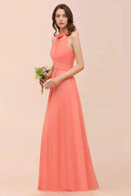 halter Beach Bridesmaid Dress Girls Coral Floor Length Wedding Party Dress by misshow.com