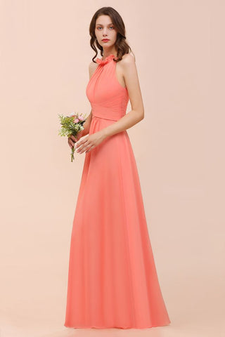 Vestido de dama de honor de playa con cuello halter, para niñas, color coral, largo hasta el suelo, para fiesta de boda