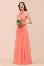 halter Beach Bridesmaid Dress Girls Coral Floor Length Wedding Party Dress by misshow.com