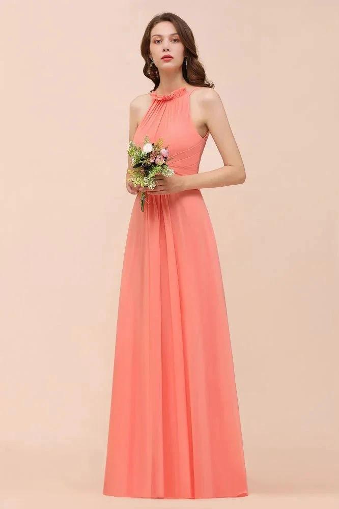 halter Beach Bridesmaid Dress Girls Coral Floor Length Wedding Party Dress by misshow.com