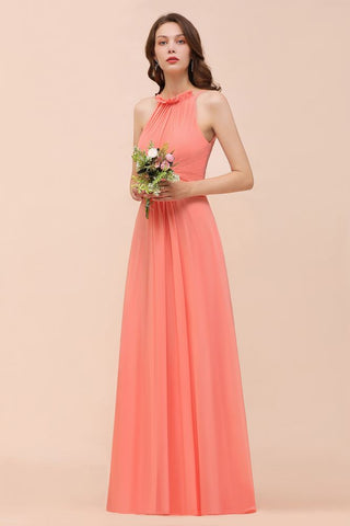 Vestido de dama de honor de playa con cuello halter, para niñas, color coral, largo hasta el suelo, para fiesta de boda