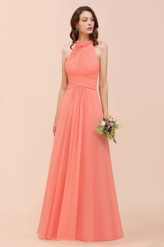 Vestido de dama de honor de playa con cuello halter, para niñas, color coral, largo hasta el suelo, para fiesta de boda