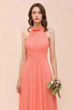 halter Beach Bridesmaid Dress Girls Coral Floor Length Wedding Party Dress by misshow.com