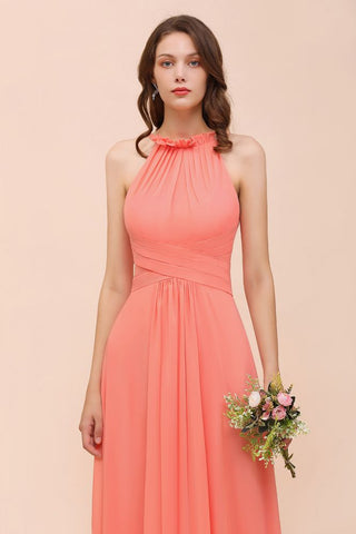 Vestido de dama de honor de playa con cuello halter, para niñas, color coral, largo hasta el suelo, para fiesta de boda