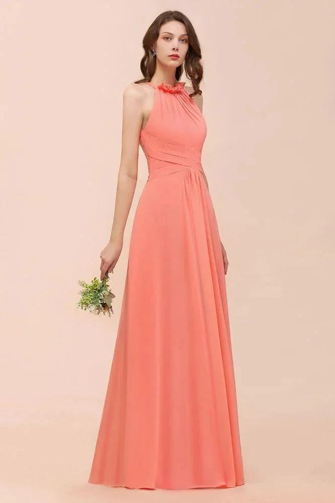 halter Beach Bridesmaid Dress Girls Coral Floor Length Wedding Party Dress by misshow.com