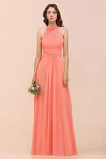 halter Beach Bridesmaid Dress Girls Coral Floor Length Wedding Party Dress by misshow.com