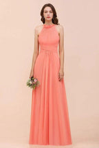halter Beach Bridesmaid Dress Girls Coral Floor Length Wedding Party Dress by misshow.com