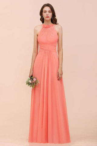 Vestido de dama de honor de playa con cuello halter, para niñas, color coral, largo hasta el suelo, para fiesta de boda
