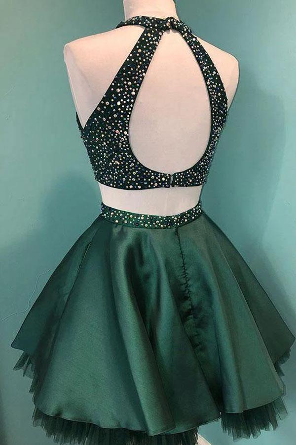 Halter Beaded Green Satin Two Piece Homecoming Dress Short Prom Dress PD358 by pgmdress