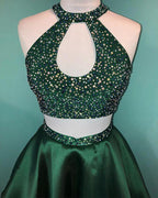 Halter Beaded Green Satin Two Piece Homecoming Dress Short Prom Dress PD358 by pgmdress
