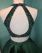 Halter Beaded Green Satin Two Piece Homecoming Dress Short Prom Dress PD358 by pgmdress