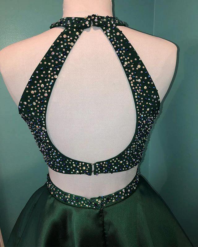 Halter Beaded Green Satin Two Piece Homecoming Dress Short Prom Dress PD358 by pgmdress