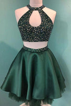 Halter Beaded Green Satin Two Piece Homecoming Dress Short Prom Dress PD358 by pgmdress