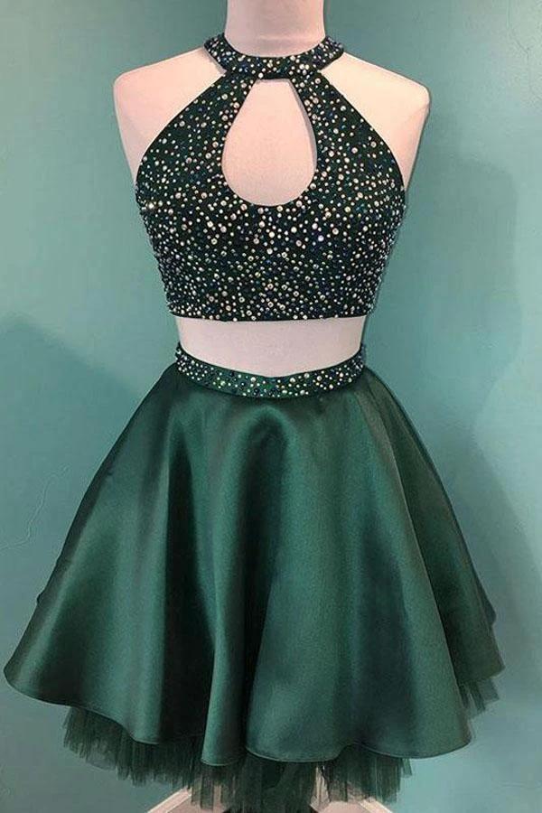 Halter Beaded Green Satin Two Piece Homecoming Dress Short Prom Dress PD358 by pgmdress