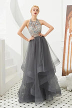 Halter Beadings Aline Tulle Layers Prom Dress Sleeveless Evening Dress by misshow.com