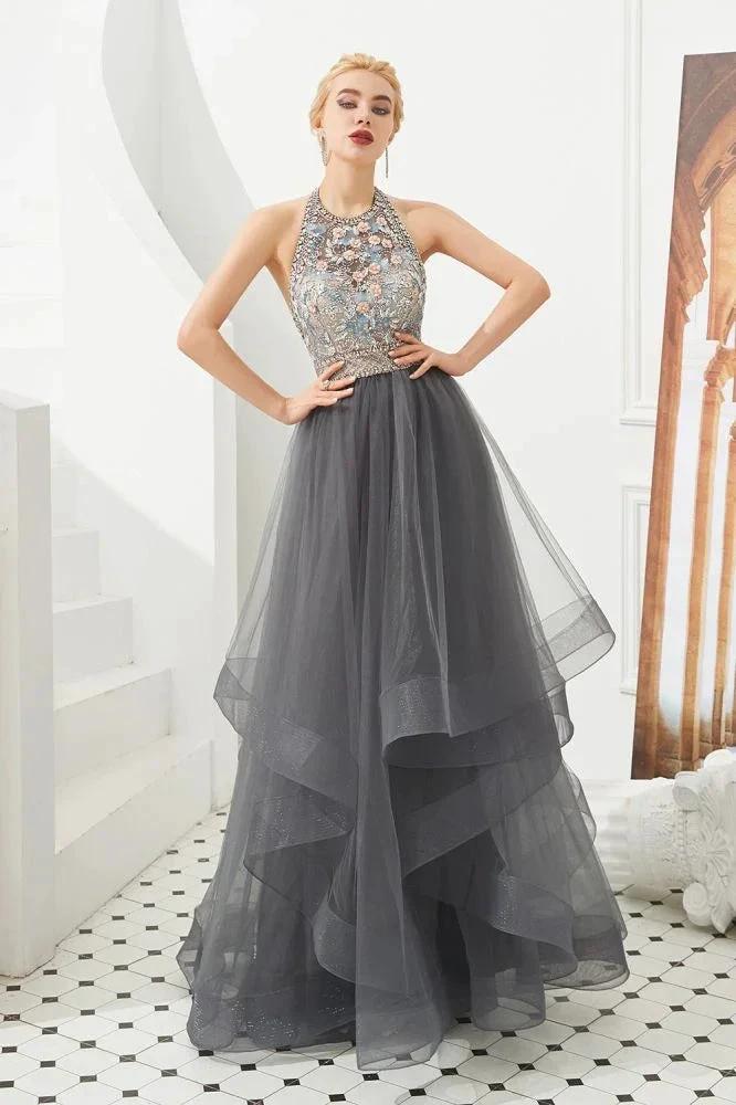Halter Beadings Aline Tulle Layers Prom Dress Sleeveless Evening Dress by misshow.com