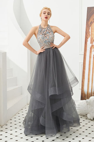 Halter Beadings Aline Tulle Layers Prom Dress Sleeveless Evening Dress
